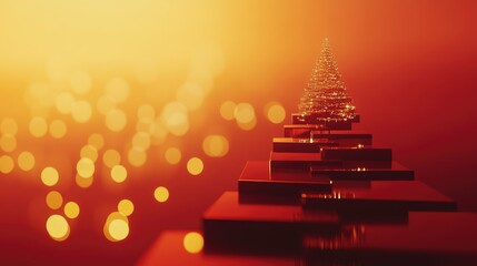 Fototapete - Progress bar under a minimalistic Christmas tree on red, golden bokeh lights adding warmth and festivity