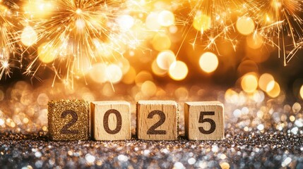 Fototapete - Rustic '2025' wooden blocks on a glittery surface with radiant golden fireworks shining in the distance