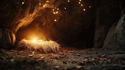 Sticker - Rustic manger inside a dim cave, holy light illuminating, soft bokeh creating a spiritual Christmas ambiance