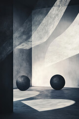 Poster - Minimalist Interior with Abstract Shadows and Spheres in Monochrome