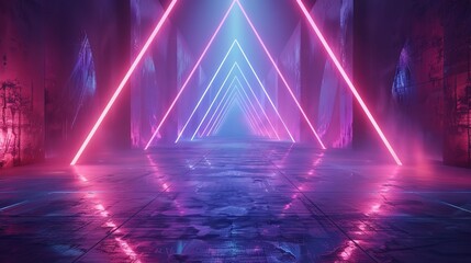 Poster - 3d render, abstract panoramic red blue pink neon background with arrows showing right direction, glowing in the dark.