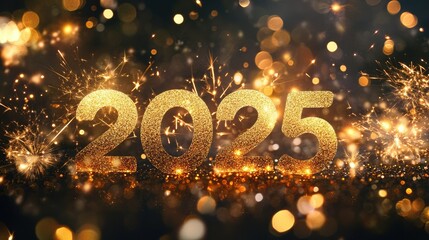 Fototapete - Stylish golden numerals forming '2025' glowing against an abstract mix of bokeh lights and fireworks