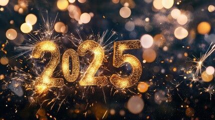 Fototapete - Stylish golden numerals forming '2025' glowing against an abstract mix of bokeh lights and fireworks