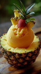 Canvas Print - Pineapple sorbet in a pineapple shell with strawberry and mint