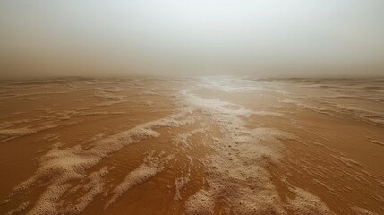 Poster - A serene expanse of the Mocha Mousse sea stretches endlessly, shrouded in a gentle mist as dusk approaches, creating an ethereal atmosphere of tranquility and mystery
