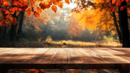 Poster - Wooden table in the middle of a forest with bright orange foliage, glowing with the soft light of an autumn day