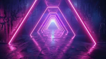 Poster - 3d render, abstract panoramic red blue pink neon background with arrows showing right direction, glowing in the dark.