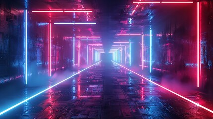 Poster - 3d render, abstract panoramic red blue pink neon background with arrows showing right direction, glowing in the dark.