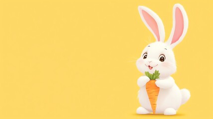 Wall Mural - A cute cartoon bunny holding a carrot in front of a yellow background.