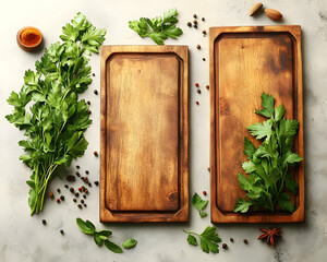 Two rustic wooden cutting boards with fresh parsley and spices.