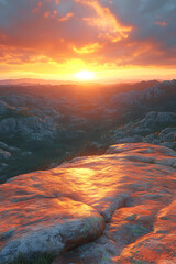 Wall Mural - Vibrant sunset over a rocky landscape, reflecting on a cliff edge.