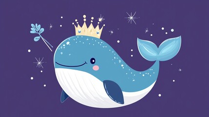 Wall Mural - A cute purple whale with a gold crown and sparkly tail swimming through a starry sky.