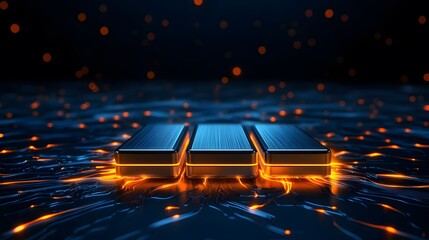 Aufkleber - A glowing metallic block sits on a dark, shimmering surface, surrounded by floating sparks and an ethereal glow, creating a futuristic atmosphere