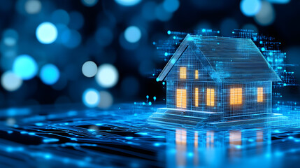 Aufkleber - A digital representation of a house surrounded by blue lights, symbolizing smart home technology and connectivity