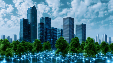 Poster - A futuristic cityscape featuring tall skyscrapers and greenery, illuminated by a network of glowing connections, set against a bright, cloudy sky