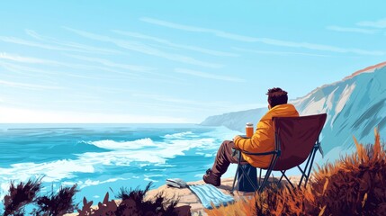 alone man looking view with cap of tea