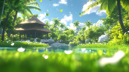 Poster - A serene tropical landscape featuring lush greenery, palm trees, a tranquil body of water, and a charming pavilion under a bright blue sky