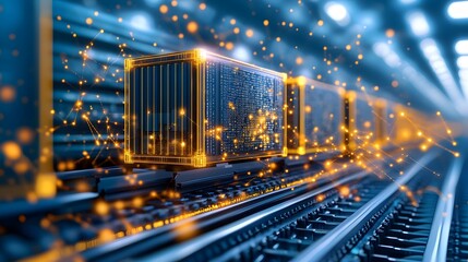 Poster - A glowing cargo container travels along a dark railway, surrounded by sparkling lights, evoking a futuristic, high-tech atmosphere