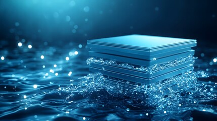 Poster - A futuristic blue microchip emerges from sparkling water, symbolizing technology and innovation in a serene aquatic environment