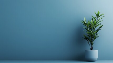 Poster - A minimalist interior scene featuring a green plant in a modern pot against a soft blue wall