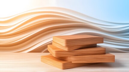 Fototapete - A serene composition featuring stacked wooden blocks against a backdrop of soft, flowing paper waves, evoking creativity and tranquility