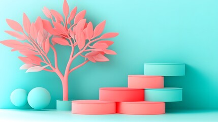 Poster - A vibrant scene featuring a coral tree and pastel-colored geometric shapes against a turquoise background, creating a playful and modern aesthetic