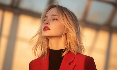 Wall Mural - Portrait of a woman in a red blazer, illuminated by warm light.