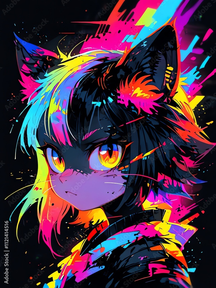 Neon Catgirl Cyberpunk Splash Art Stock Illustration | Adobe Stock