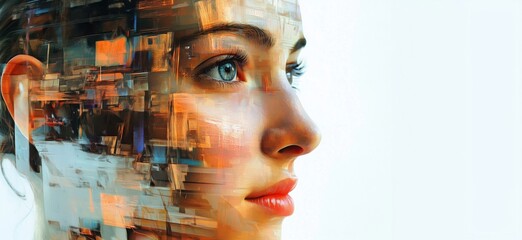Poster - Digital portrait of woman with abstract overlay, features blend of technology and human emotion, vibrant colors, intricate details, copy space for text