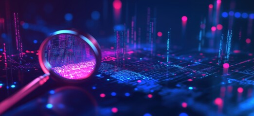Poster - Digital data visualization with magnifying glass, vibrant colors, abstract patterns, technology concept, illuminated lines and dots, copy space for text