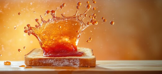 Poster - Jam splash on toast, vibrant orange background, dynamic motion, droplets flying, delicious breakfast scene, copy space for text