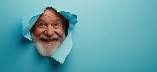 Poster - Elderly man smiling through torn blue paper, joyful expression, bright background, playful mood, copy space for text