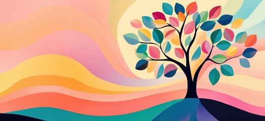 Poster - colorful abstract tree with vibrant leaves, wavy background, artistic design, bright colors, serene 