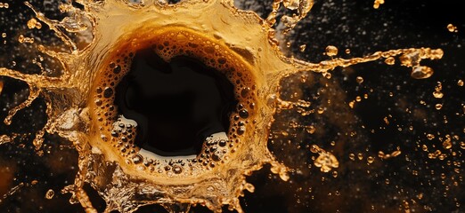Poster - Splashing liquid with bubbles and dark center, dynamic water droplets, high-speed photography, vibrant colors, copy space for text