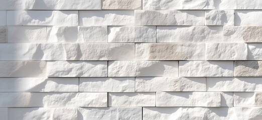 Poster - Textured white stone wall, varying shades and patterns, natural light creating shadows, modern architectural design, copy space for text