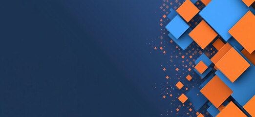 Poster - Geometric shapes in blue and orange, vibrant design with squares and dots, modern abstract background, copy space for text