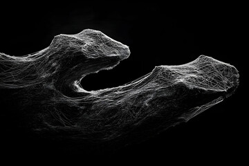 Abstract black and white close-up photograph of a spiderweb, resembling a dramatic landscape or sculpture.  Intricate details and textures are highlighted against a pure black background.