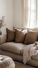 Poster - A beautifully arranged mocha couch sits comfortably in a softly lit living room, adorned with four elegant pillows and a cozy throw. The sunlight filters through sheer curtains, creating warmth