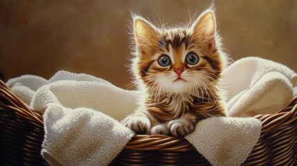 Poster - Adorable fluffy kitten in a cozy basket with soft blanket