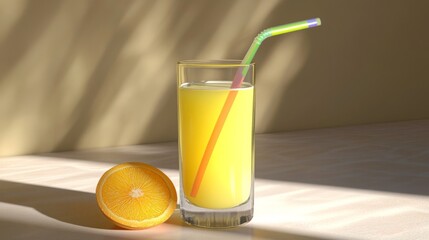 Poster - Fresh Orange Juice in Glass with Straw and Half Orange on Table