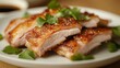 © Plaifah - Crispy Roasted Pork Belly with Fresh Cilantro Garnish on Plate