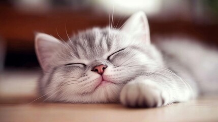 Poster - Sleeping Gray Cat in Cozy Indoor Environment