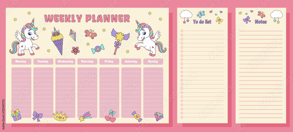 Unicorn set of weekly planner, to dolist and notes. Planners with magic ...
