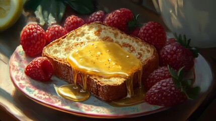 Poster - Golden Honey Drizzled Toast with Fresh Raspberries on Plate