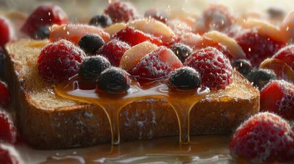 Poster - Fresh Fruit Topped Toast with Drizzling Honey and Berries Shine