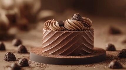 Poster - Indulgent mocha mousse showcasing smooth layers, rich textures, and an artistic arrangement of chocolate accents on a rustic setting