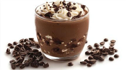 Aufkleber - Creamy mocha mousse in a transparent glass, topped with whipped cream and chocolate shavings, surrounded by coffee beans, creating a decadent treat