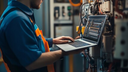 Poster - A technician in a hard hat and safety glasses uses a laptop computer to troubleshoot equipment.