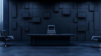 Aufkleber - A modern, minimalistic office space with a dark color scheme, featuring a sleek desk and chairs, creating a sophisticated atmosphere