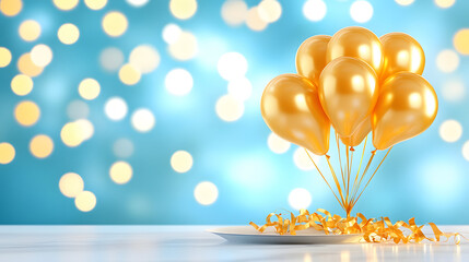 Poster - A vibrant scene featuring golden balloons against a soft blue background with sparkling lights, perfect for celebrations or festive events